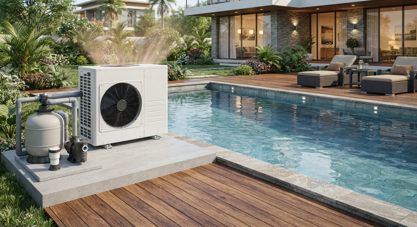 Energy-efficient air source swimming pool heat pump system installed poolside