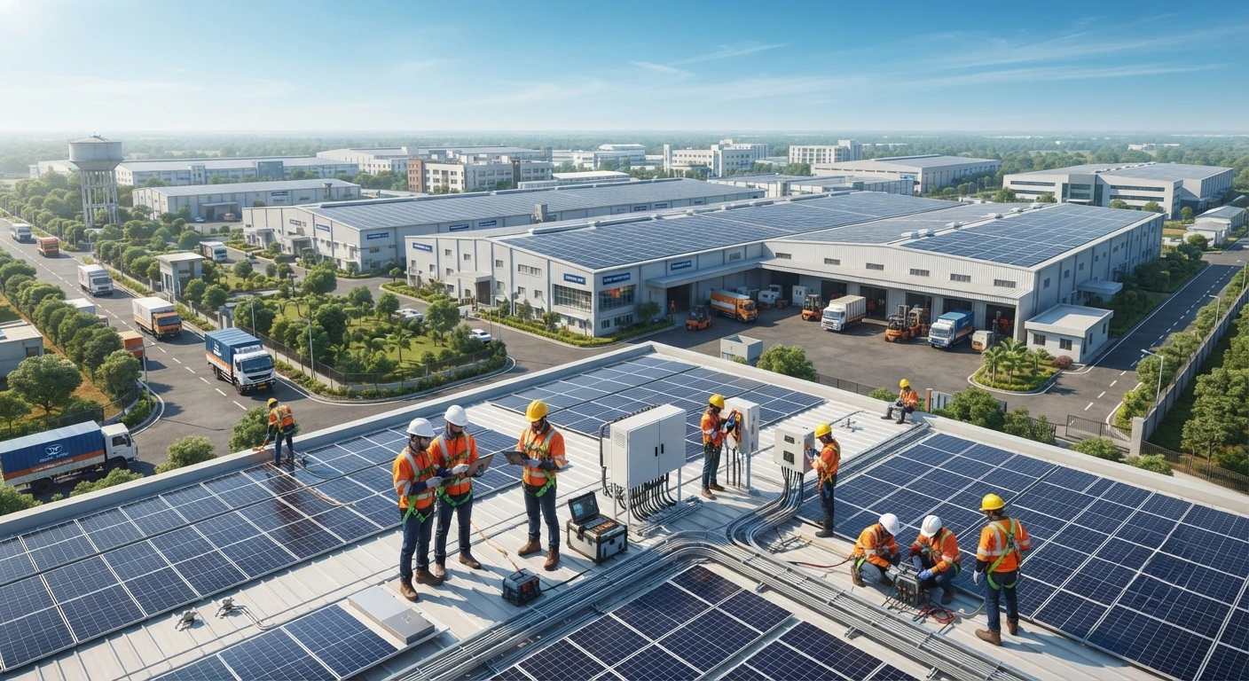 Engineers inspecting solar panel installation on a large industrial facility rooftop