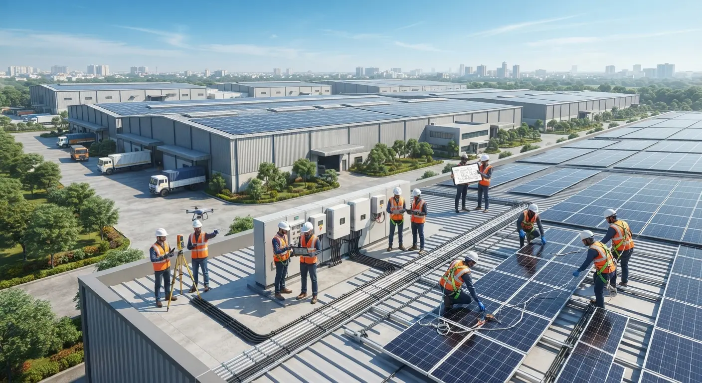 Engineers and technicians installing and inspecting a commercial rooftop solar power system