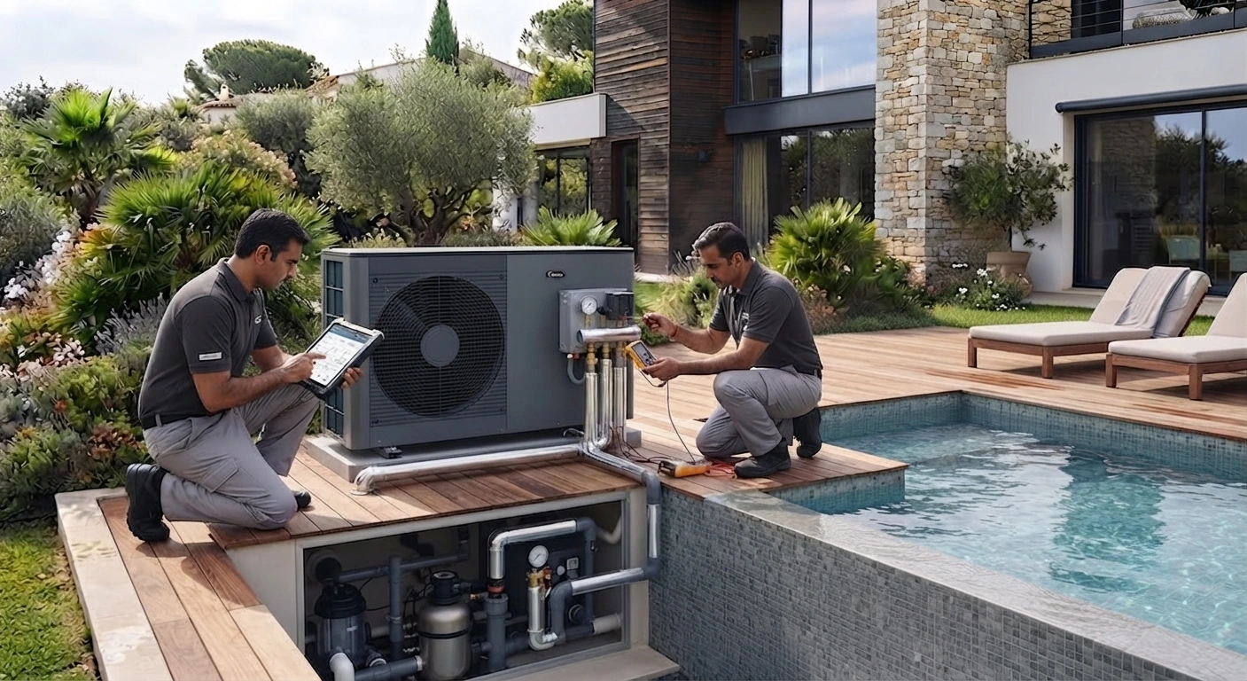 Professional technicians installing and testing a swimming pool heat pump system