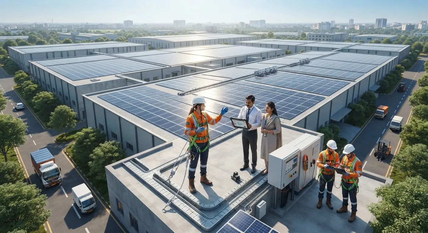 Solar engineers discussing rooftop solar installation project with clients on industrial building roof