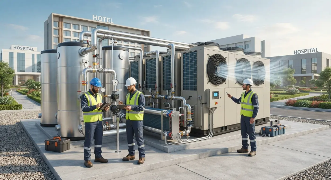 Commercial heat pump water heater installed for hotel and hospital hot water supply
