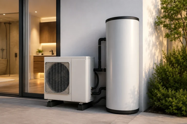 Modern domestic heat pump system with outdoor unit and vertical water storage tank installed outside a home