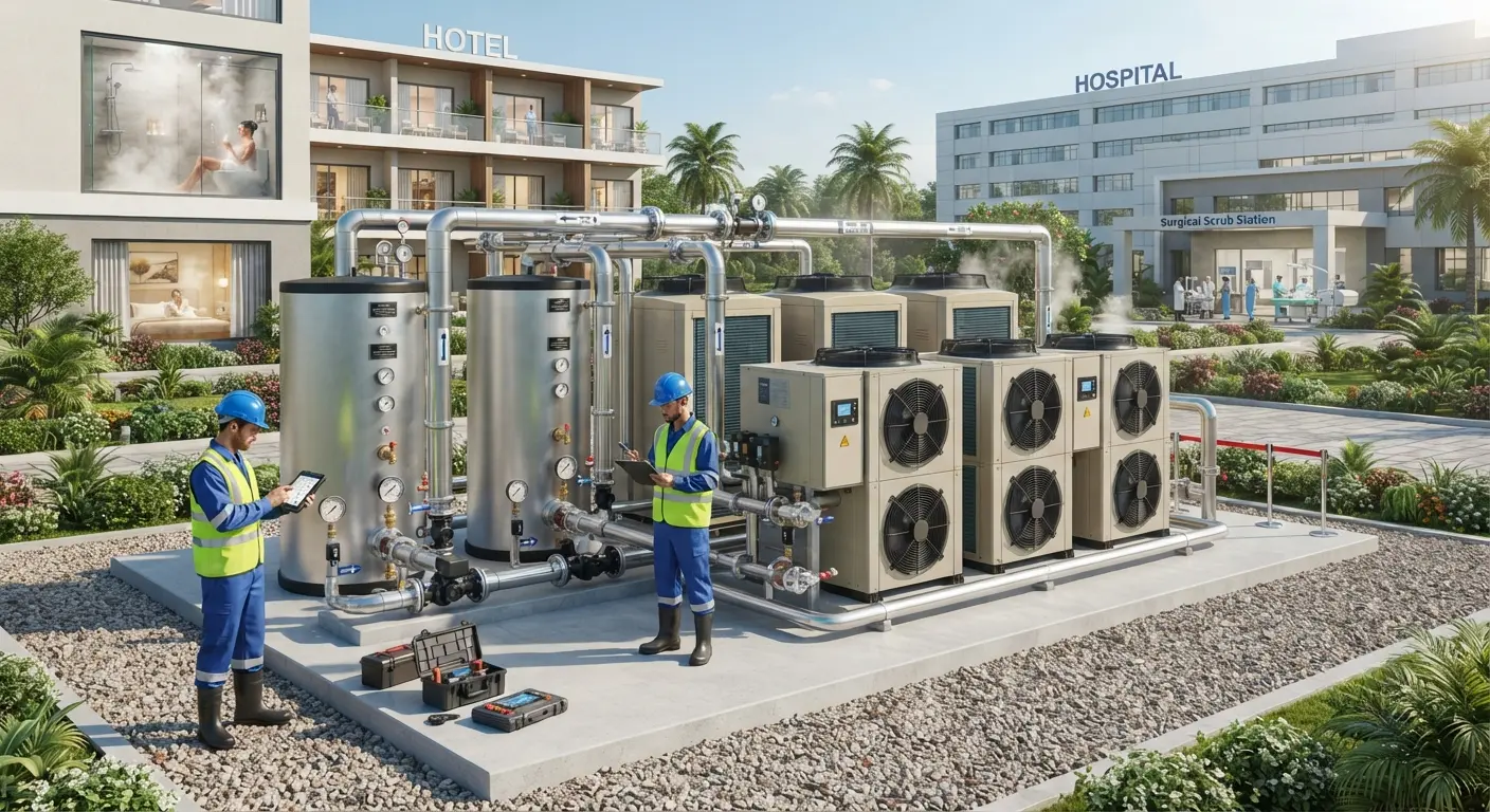 Commercial air source heat pump water heating system for hospitality sector