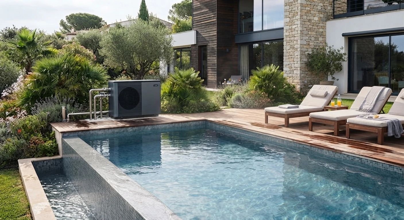 Modern outdoor swimming pool heat pump system installed in a luxury villa backyard