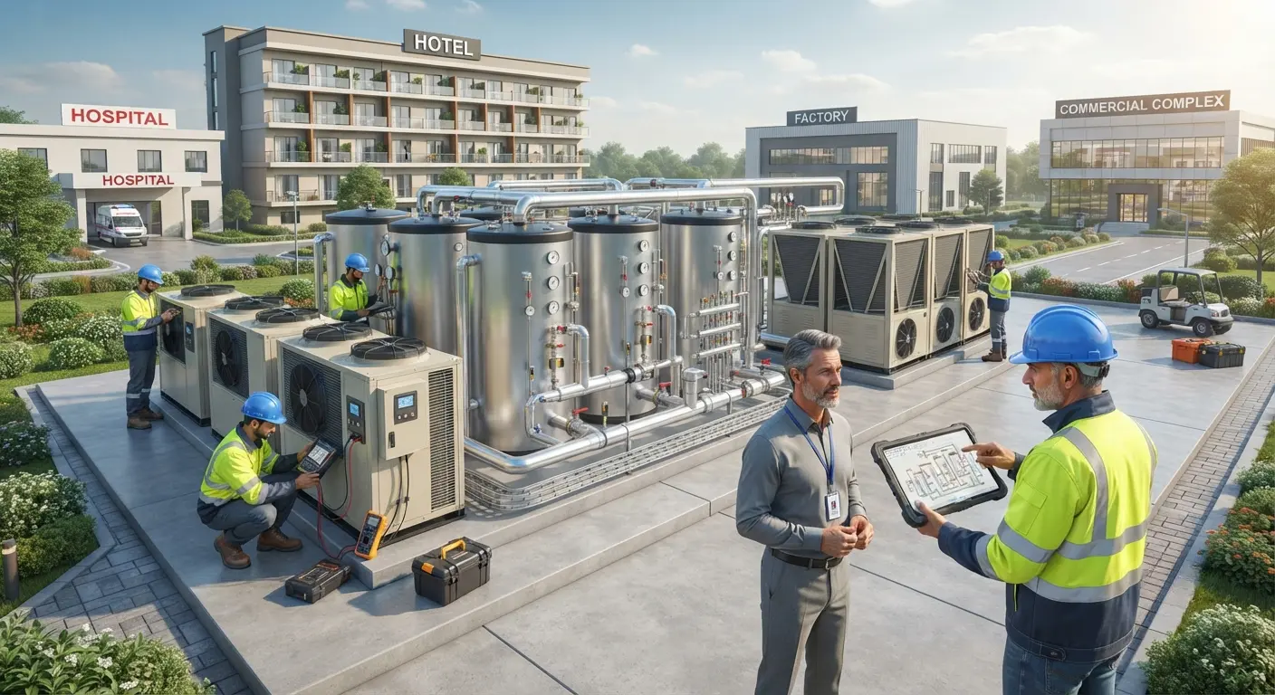 Commercial heat pump installation for industrial and commercial facilities