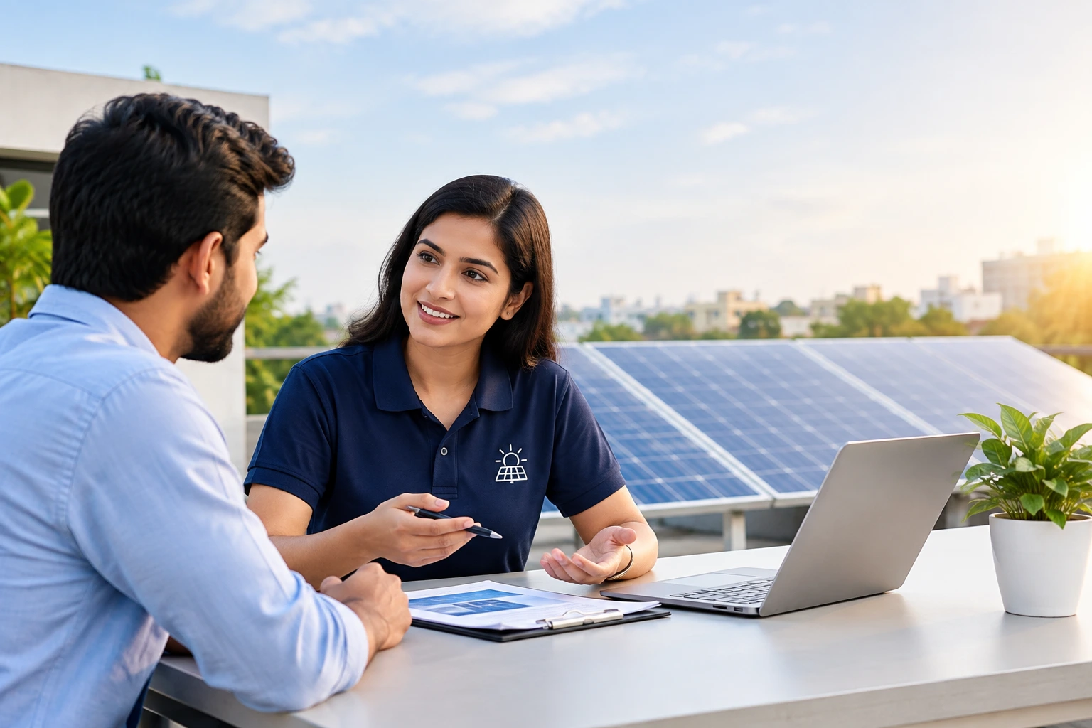 Solar consultation with a customer and solar expert for rooftop solar solutions